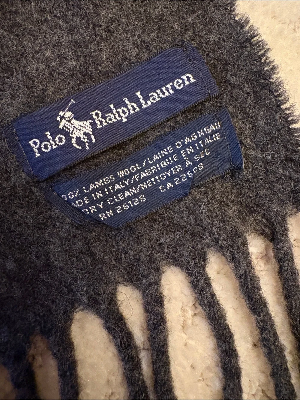 Polo Ralph Lauren Mens Classic Lambswool Scarf Charcoal Grey Wool Fringe Unisex